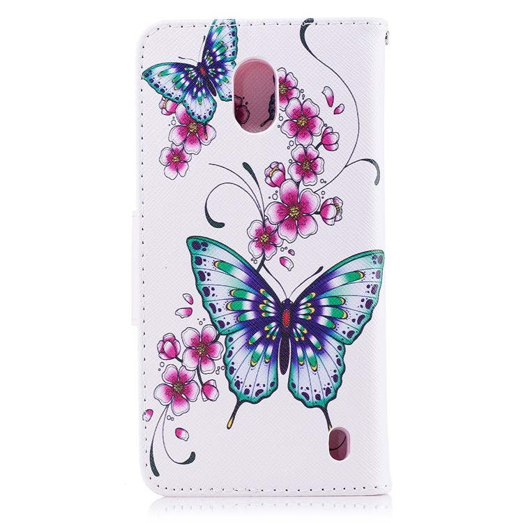 Pattern Printing PU Leather Wallet Stand Cell Phone Case for Nokia 2 - Green and Purple Butterfies-3