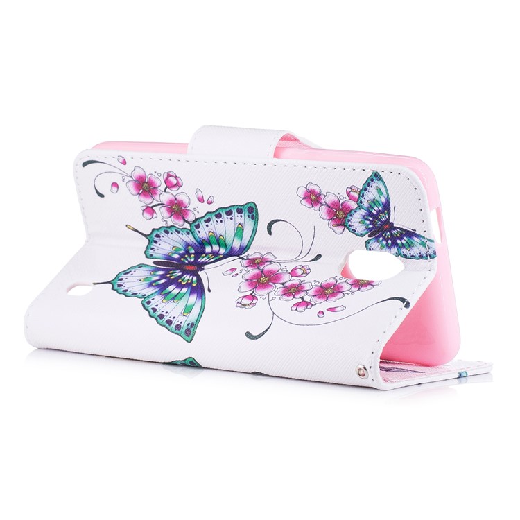 Pattern Printing PU Leather Wallet Stand Cell Phone Case for Nokia 2 - Green and Purple Butterfies-4