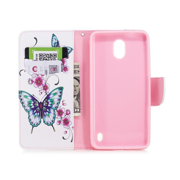 Pattern Printing PU Leather Wallet Stand Cell Phone Case for Nokia 2 - Green and Purple Butterfies-8