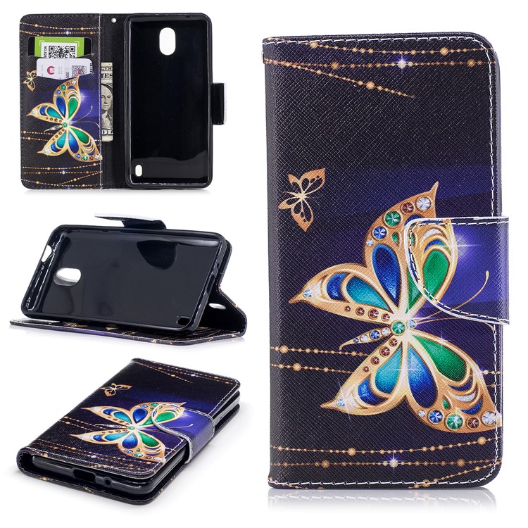 Pattern Printing PU Leather Wallet Stand Cell Phone Casing Cover for Nokia 2 - Butterflies with Diamond-1