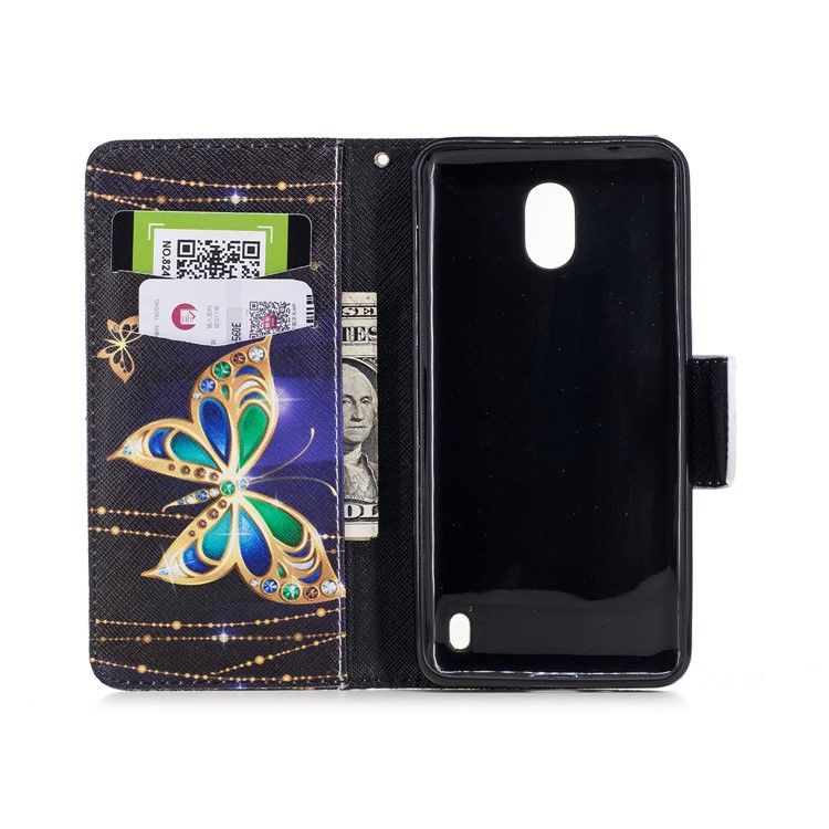 Pattern Printing PU Leather Wallet Stand Cell Phone Casing Cover for Nokia 2 - Butterflies with Diamond-8