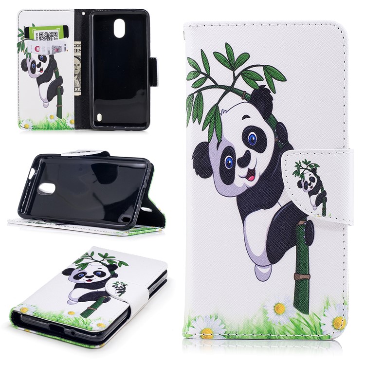 Pattern Printing PU Leather Wallet Stand Phone Cover for Nokia 2 - Panda On Bamboo-1