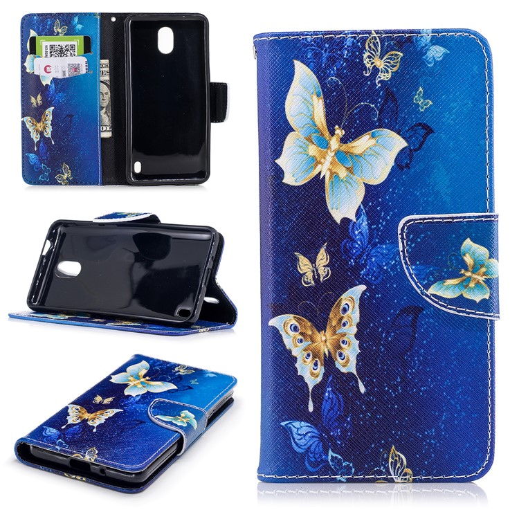 Pattern Printing PU Leather Wallet Stand Mobile Phone Case for Nokia 2 - Blue and Gold Butterflies-1