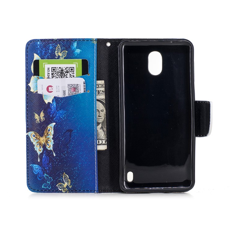 Pattern Printing PU Leather Wallet Stand Mobile Phone Case for Nokia 2 - Blue and Gold Butterflies-8
