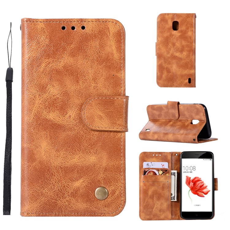 Premium Vintage PU Leather Wallet Protective Casing Cover for Nokia 2 - Brown-1