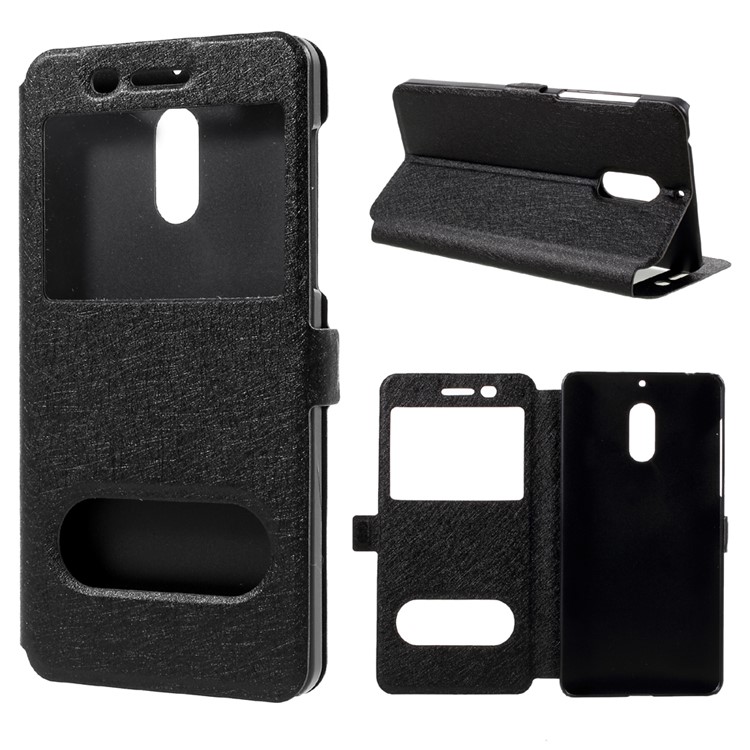 For Nokia 6 Dual Window Leather Case with Stand Silk Texture - Black-1