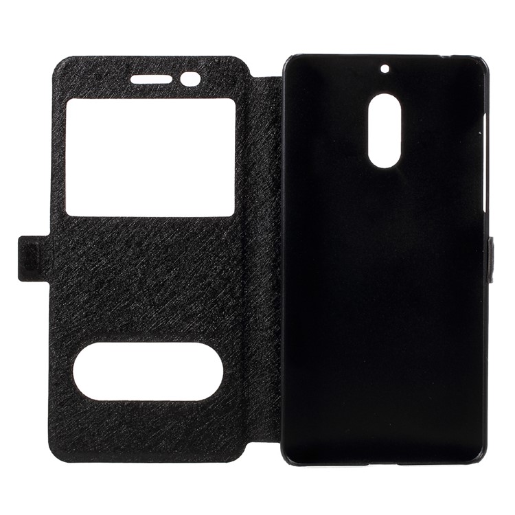 For Nokia 6 Dual Window Leather Case with Stand Silk Texture - Black-6