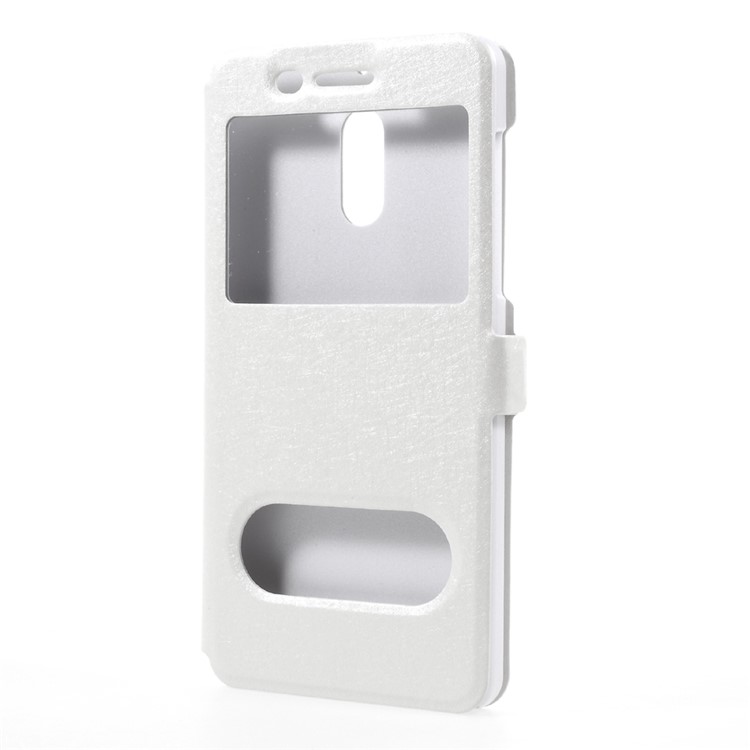 For Nokia 6 Silk Texture Dual View Window Leather Stand Cover - White-2