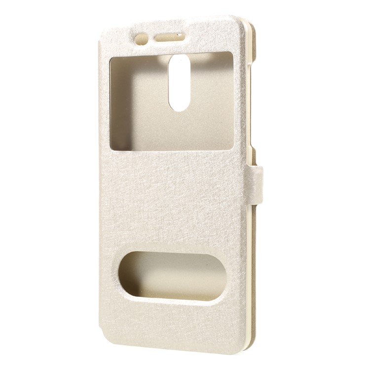 For Nokia 6 Silk Texture Dual Window Flip Stand Leather Shell Case - Gold-2
