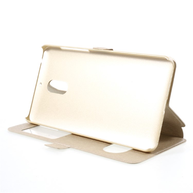 For Nokia 6 Silk Texture Dual Window Flip Stand Leather Shell Case - Gold-4