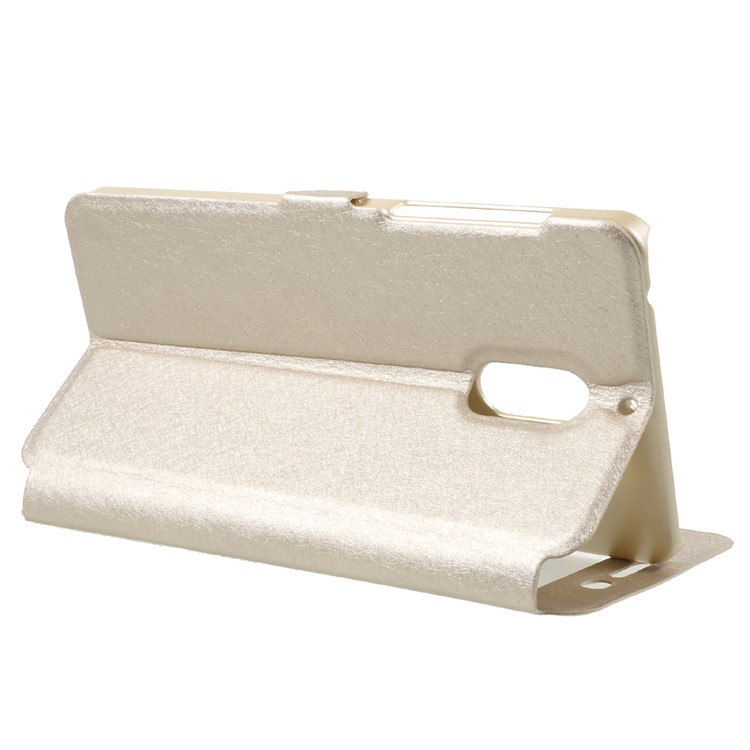 For Nokia 6 Silk Texture Dual Window Flip Stand Leather Shell Case - Gold-5