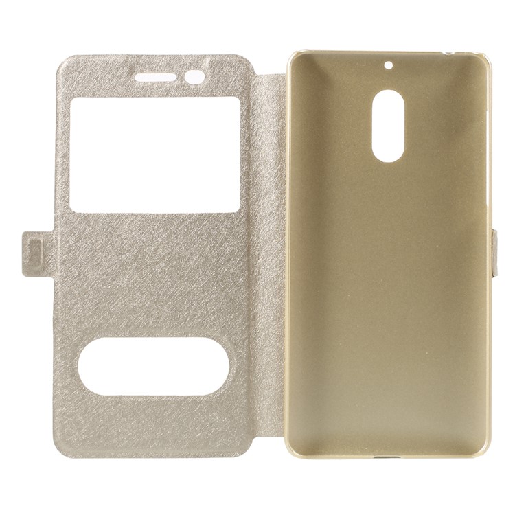 For Nokia 6 Silk Texture Dual Window Flip Stand Leather Shell Case - Gold-6
