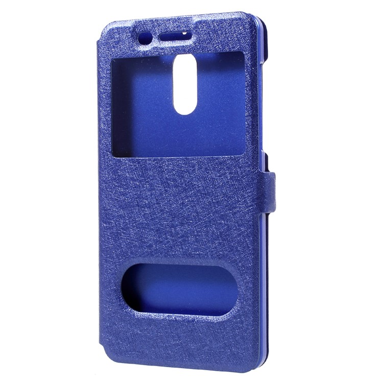 For Nokia 6 Dual Window Leather Phone Case Stand Silk Texture - Blue-2