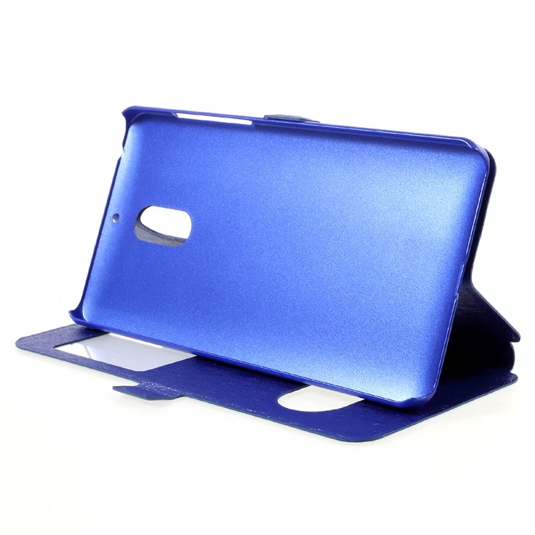 For Nokia 6 Dual Window Leather Phone Case Stand Silk Texture - Blue-4