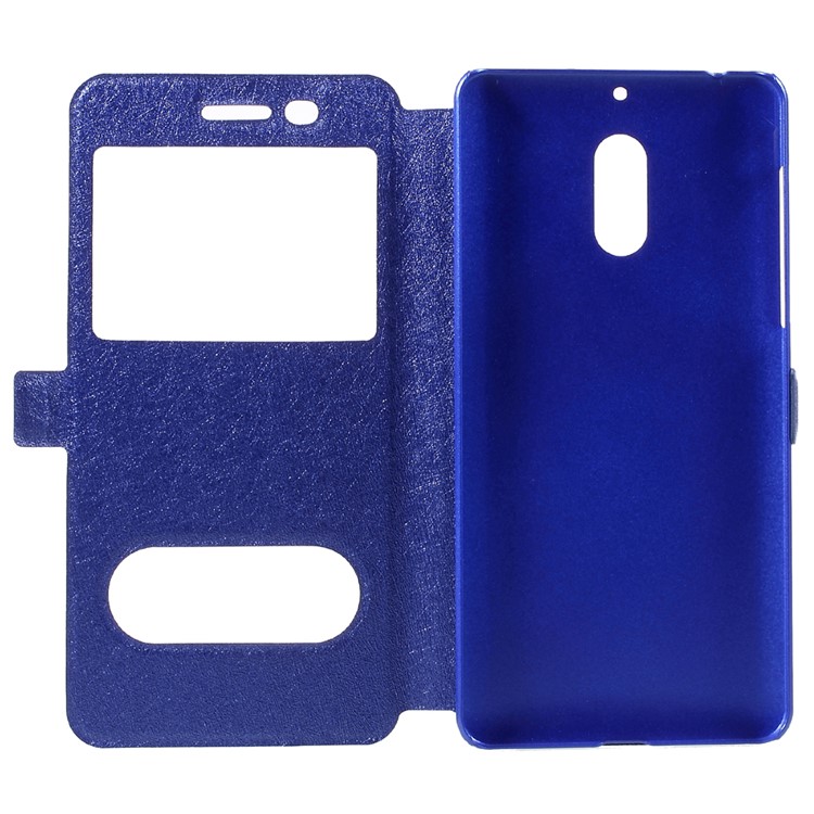 For Nokia 6 Dual Window Leather Phone Case Stand Silk Texture - Blue-6