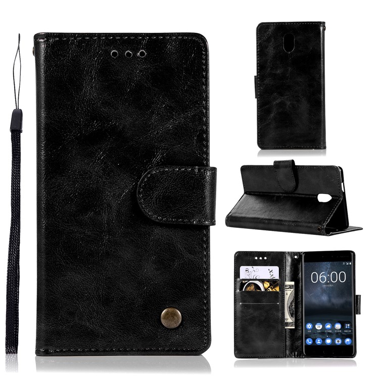 Premium Vintage PU Leather Wallet Stand Case for Nokia 3 - Black-1