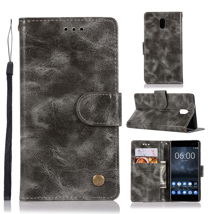 Premium Vintage PU Leather Wallet Stand Casing for Nokia 3 - Grey-1