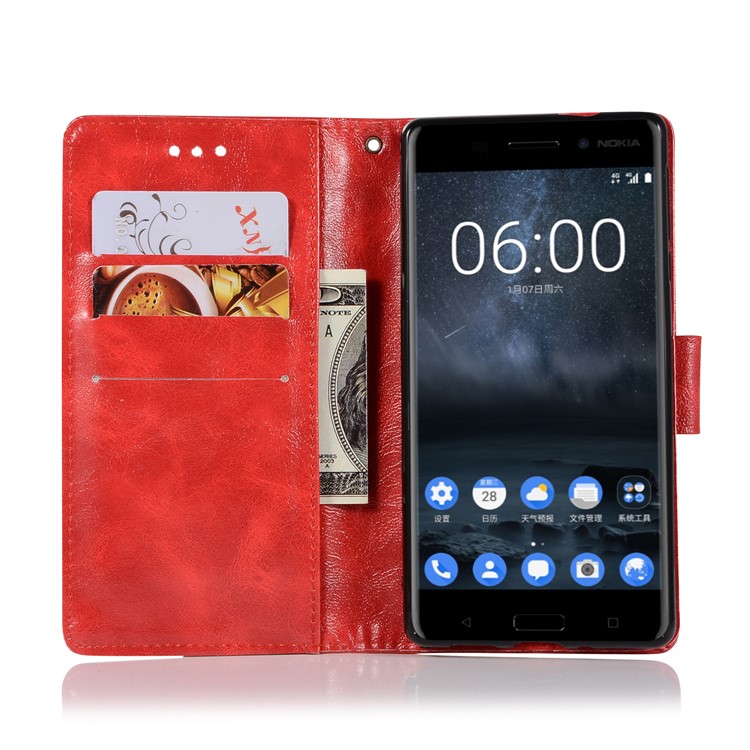 Premium Vintage PU Leather Wallet Stand Cover for Nokia 3 - Red-4