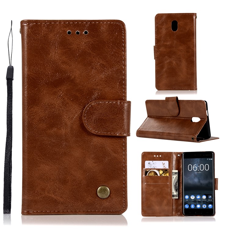 Premium Vintage PU Leather Wallet Stand Casing Shell for Nokia 3 - Coffee-1