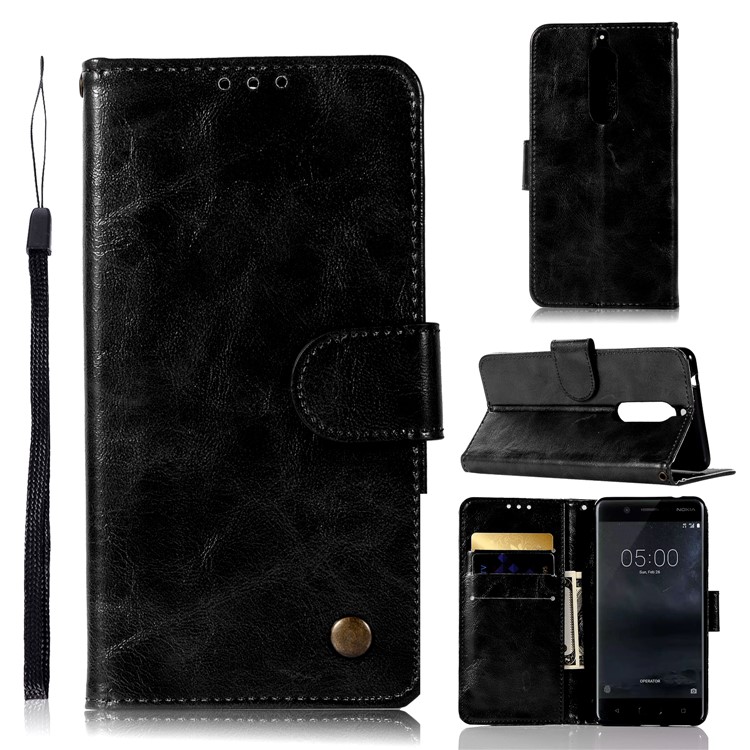 Premium Vintage PU Leather Wallet Case for Nokia 5 - Black-1