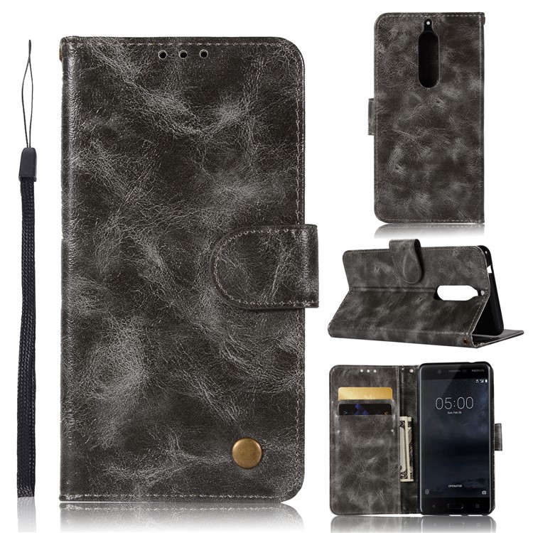 Premium Vintage PU Leather Wallet Cover for Nokia 5 - Grey-1