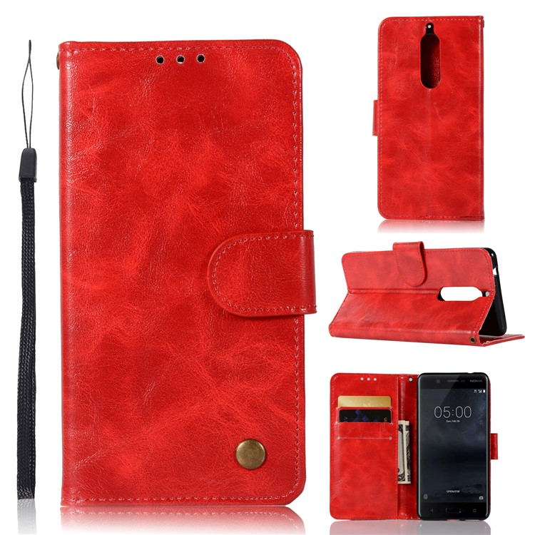 Premium Vintage PU Leather Wallet Shell Case for Nokia 5 - Red-1