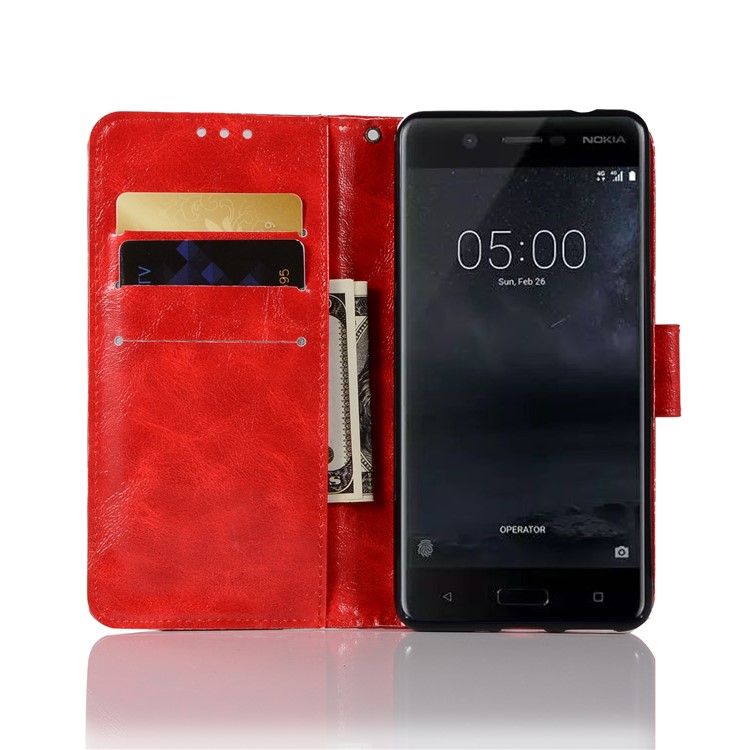 Premium Vintage PU Leather Wallet Shell Case for Nokia 5 - Red-4