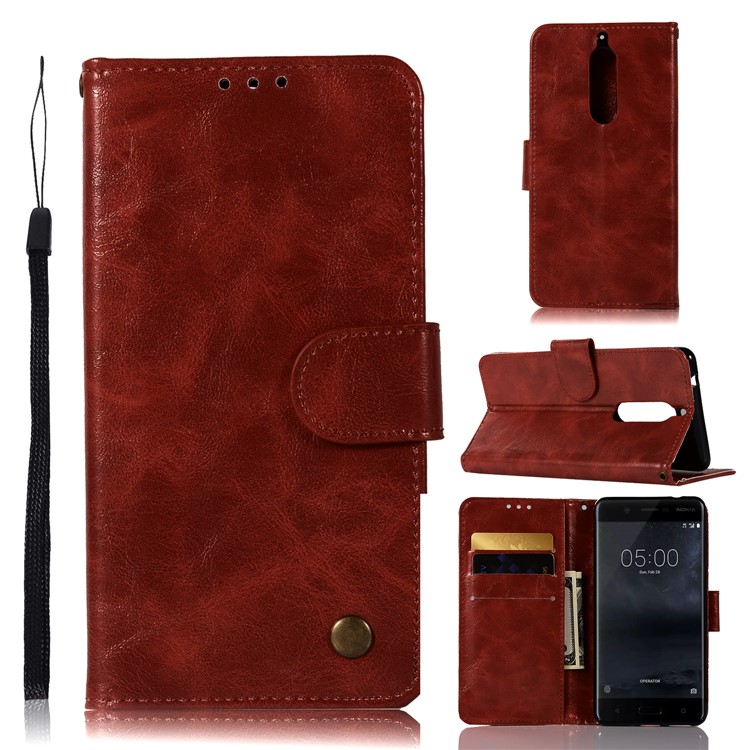 Premium Vintage PU Leather Wallet Case with Stand for Nokia 5 - Wine Red-1