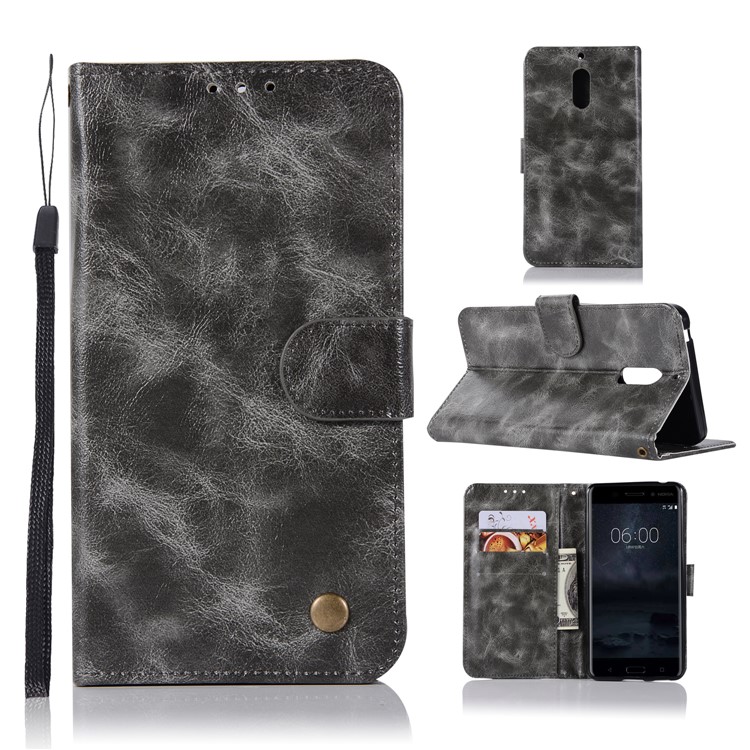 Premium Vintage Leather Wallet Cover for Nokia 6 - Grey-1