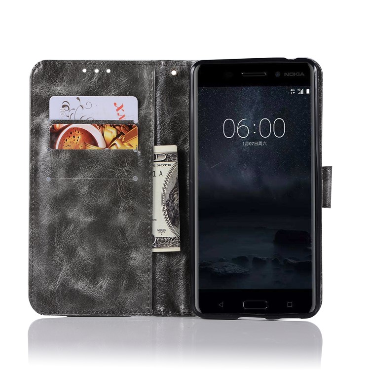 Premium Vintage Leather Wallet Cover for Nokia 6 - Grey-4