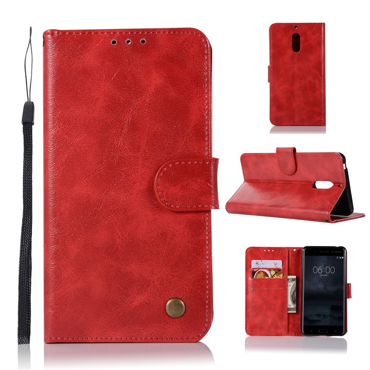 Premium Vintage PU Leather Wallet Case for Nokia 6 - Red-1