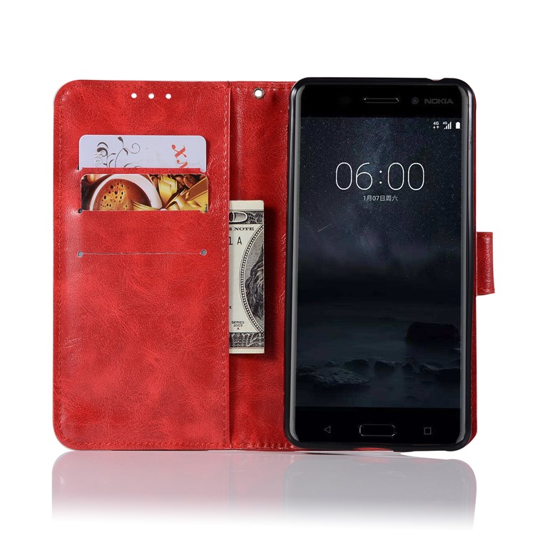 Premium Vintage PU Leather Wallet Case for Nokia 6 - Red-4