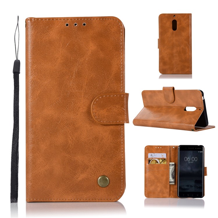 Premium Vintage Leather Wallet Case with Stand for Nokia 6 - Brown-1