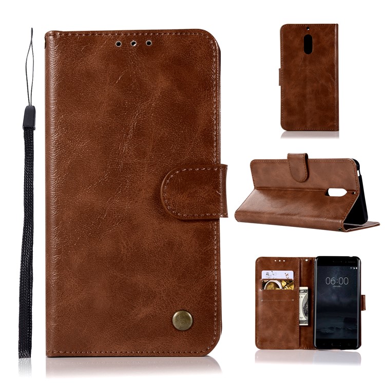 Premium Vintage Leather Wallet Case Phone Shell for Nokia 6 - Coffee-1