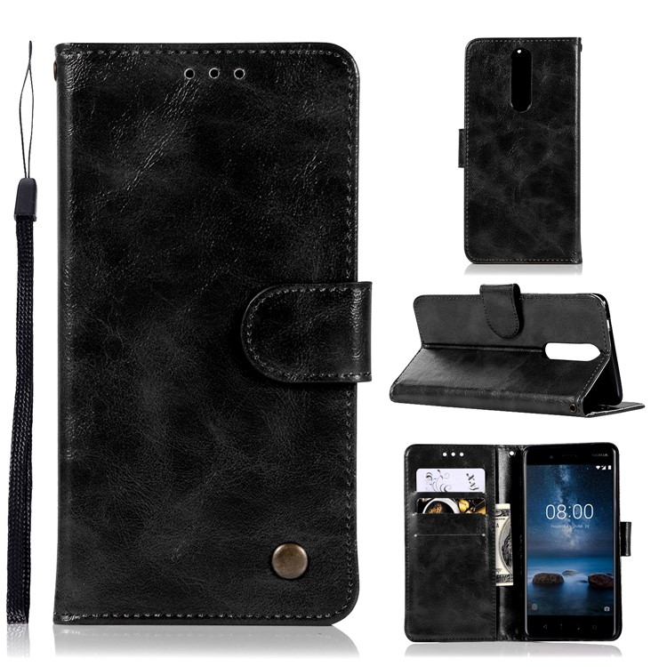 Premium Vintage Leather Wallet Case for Nokia 8 - Black-1