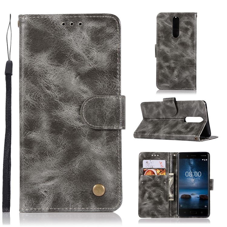 Premium Vintage Leather Wallet Cover for Nokia 8 - Grey-1