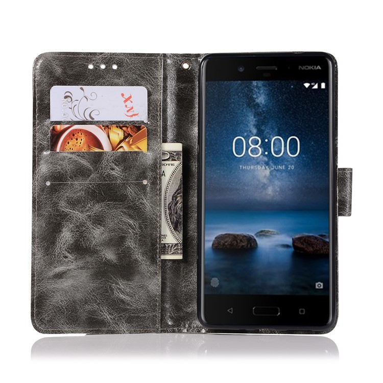 Premium Vintage Leather Wallet Cover for Nokia 8 - Grey-4