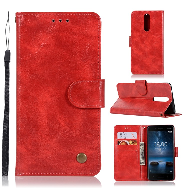Premium Vintage Leather Wallet Phone Shell Case for Nokia 8 - Red-1