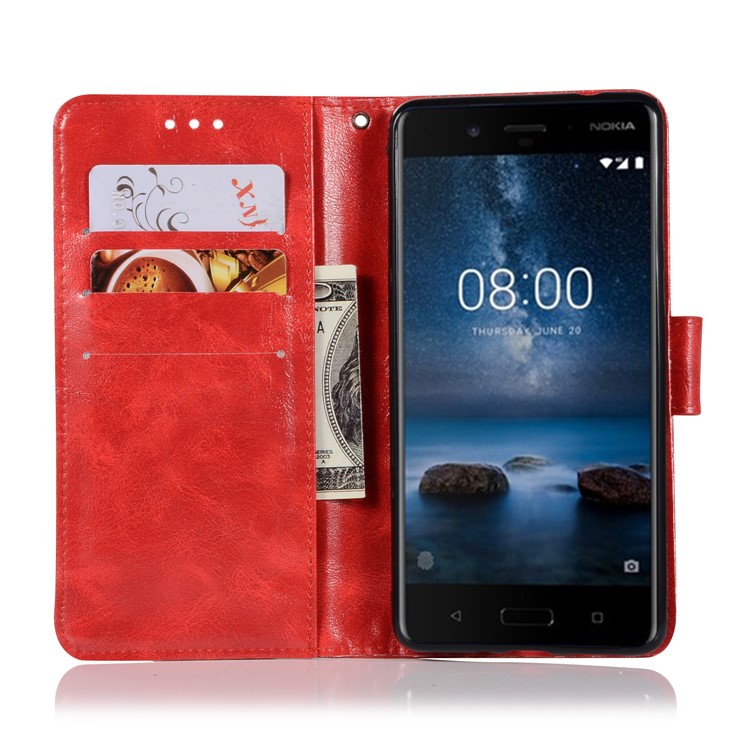 Premium Vintage Leather Wallet Phone Shell Case for Nokia 8 - Red-4