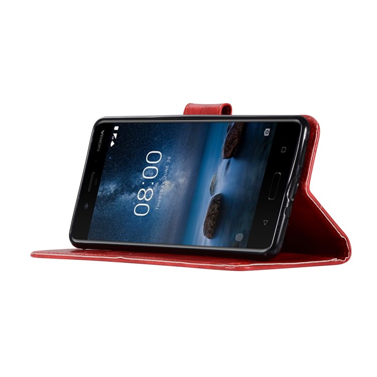 Premium Vintage Leather Wallet Phone Shell Case for Nokia 8 - Red-5