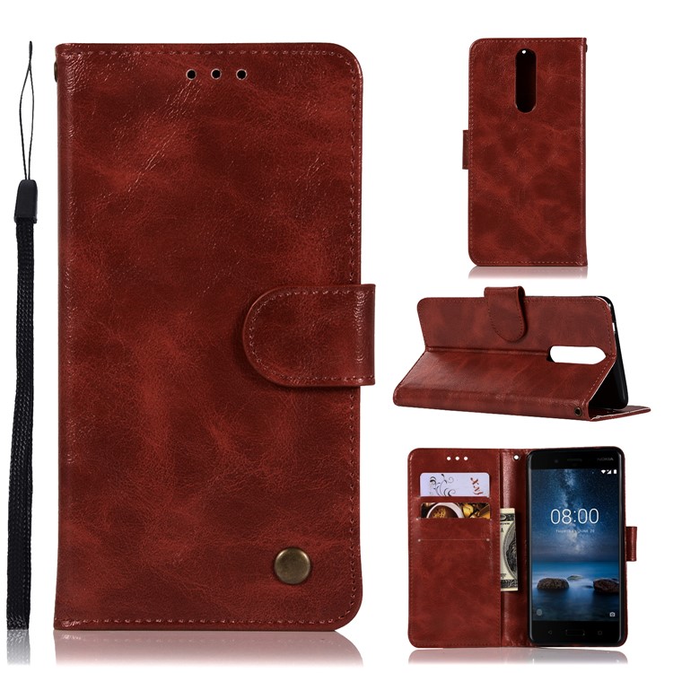 Premium Vintage Leather Wallet Cover with Stand for Nokia 8 - Wine Red-1