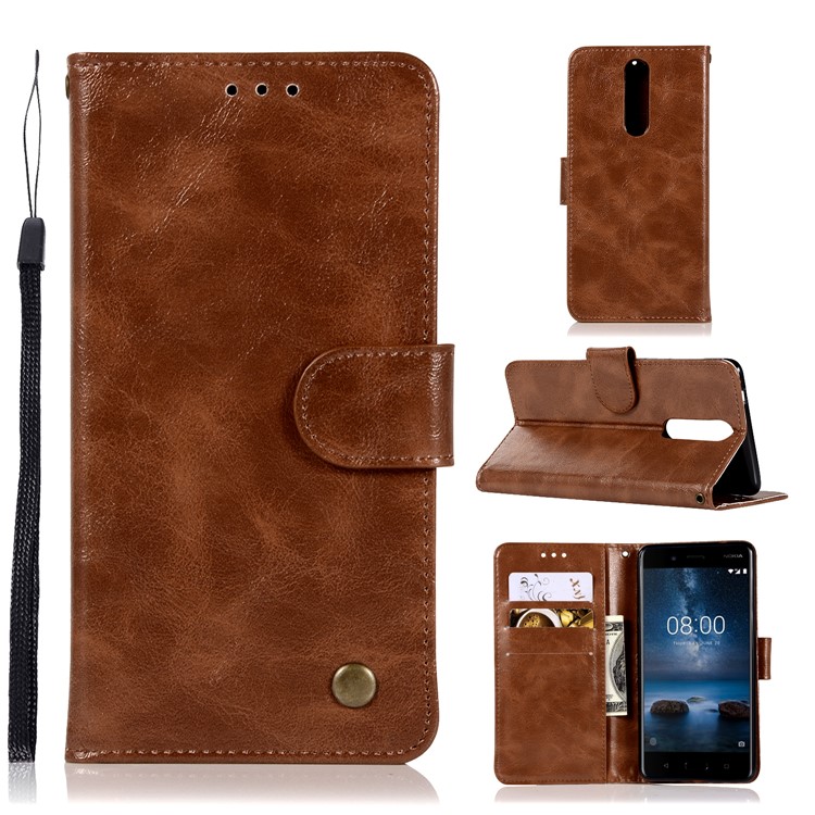 Premium Vintage Leather Wallet Protection Case for Nokia 8 - Coffee-1