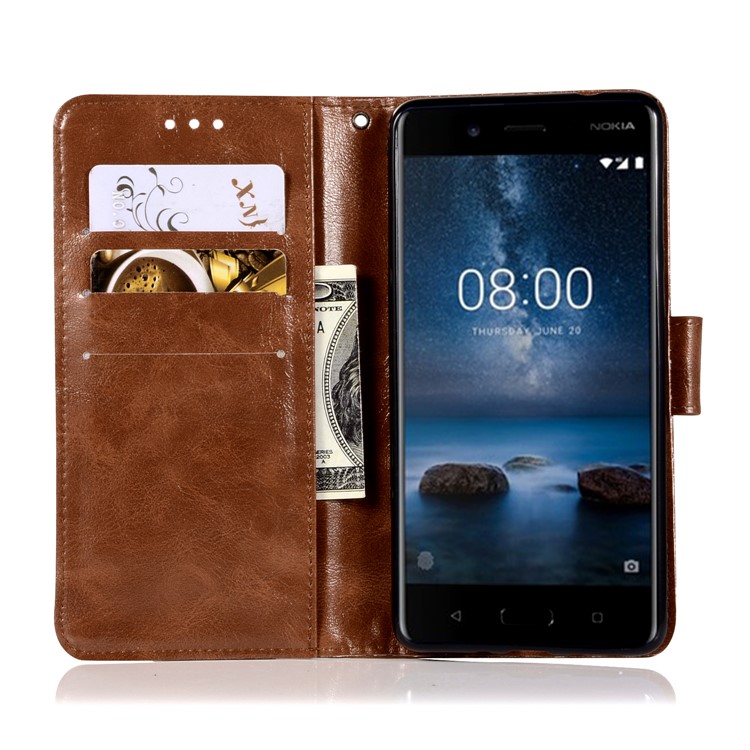 Premium Vintage Leather Wallet Protection Case for Nokia 8 - Coffee-4