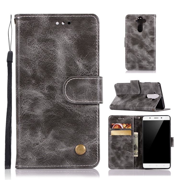 Premium Vintage PU Leather Wallet Stand Phone Cover for Nokia 9 / 8 Sirocco with Strap - Grey-1