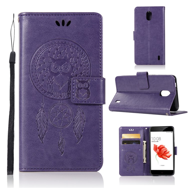 Imprint Owl Dream Catcher Pattern Card Holder Leather Protection Mobile Case for Nokia 2 - Purple-1
