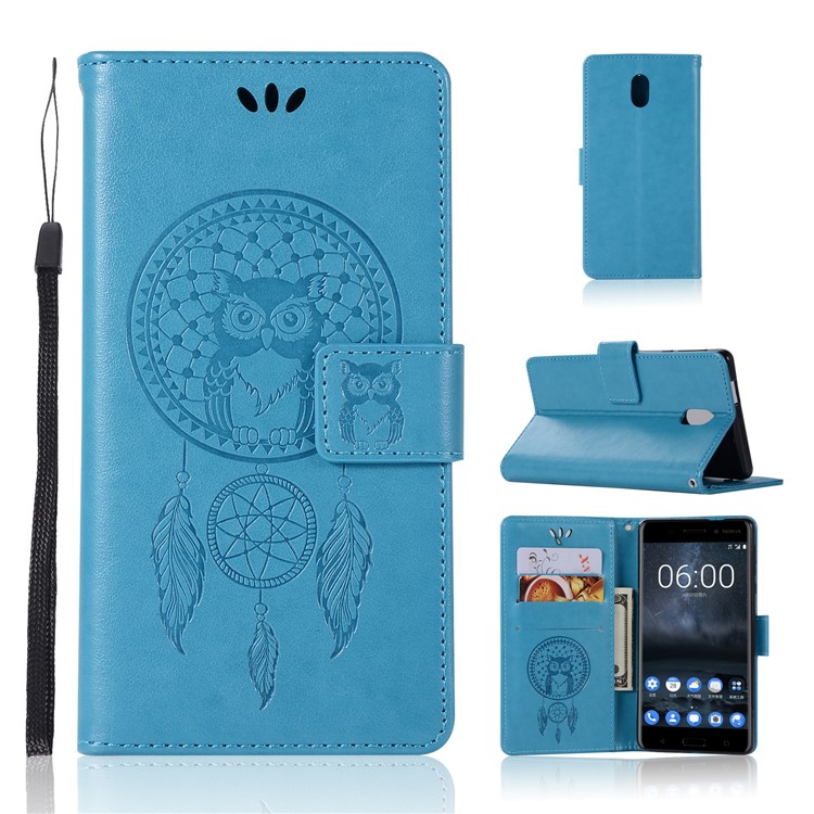 Imprint Owl Dream Catcher Pattern Card Holder Leather Wallet Mobile Phone Shell for Nokia 3 - Blue-1
