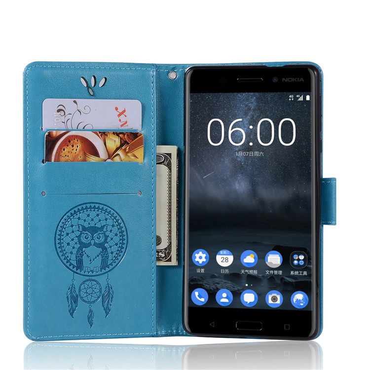 Imprint Owl Dream Catcher Pattern Card Holder Leather Wallet Mobile Phone Shell for Nokia 3 - Blue-4