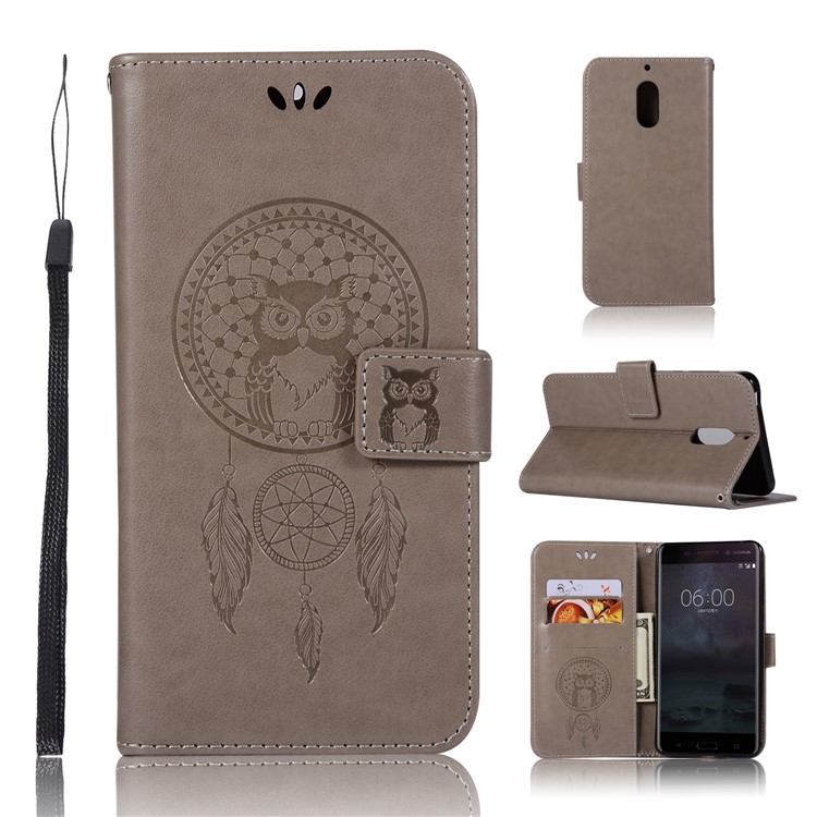 For Nokia 6 Imprint Owl Dream Catcher Pattern Wallet Leather Stand Phone Cover - Grey-1
