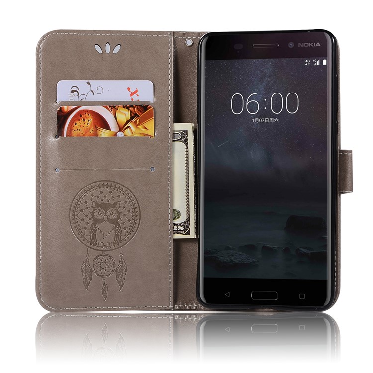 For Nokia 6 Imprint Owl Dream Catcher Pattern Wallet Leather Stand Phone Cover - Grey-4