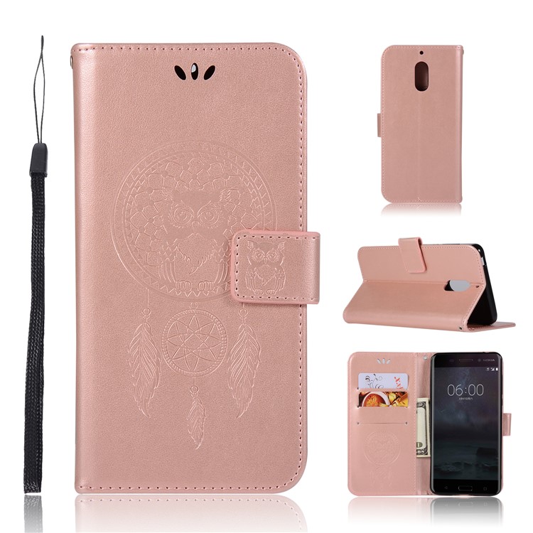 For Nokia 6 Imprint Owl Dream Catcher Pattern Wallet Leather Stand Phone Shell - Rose Gold-1